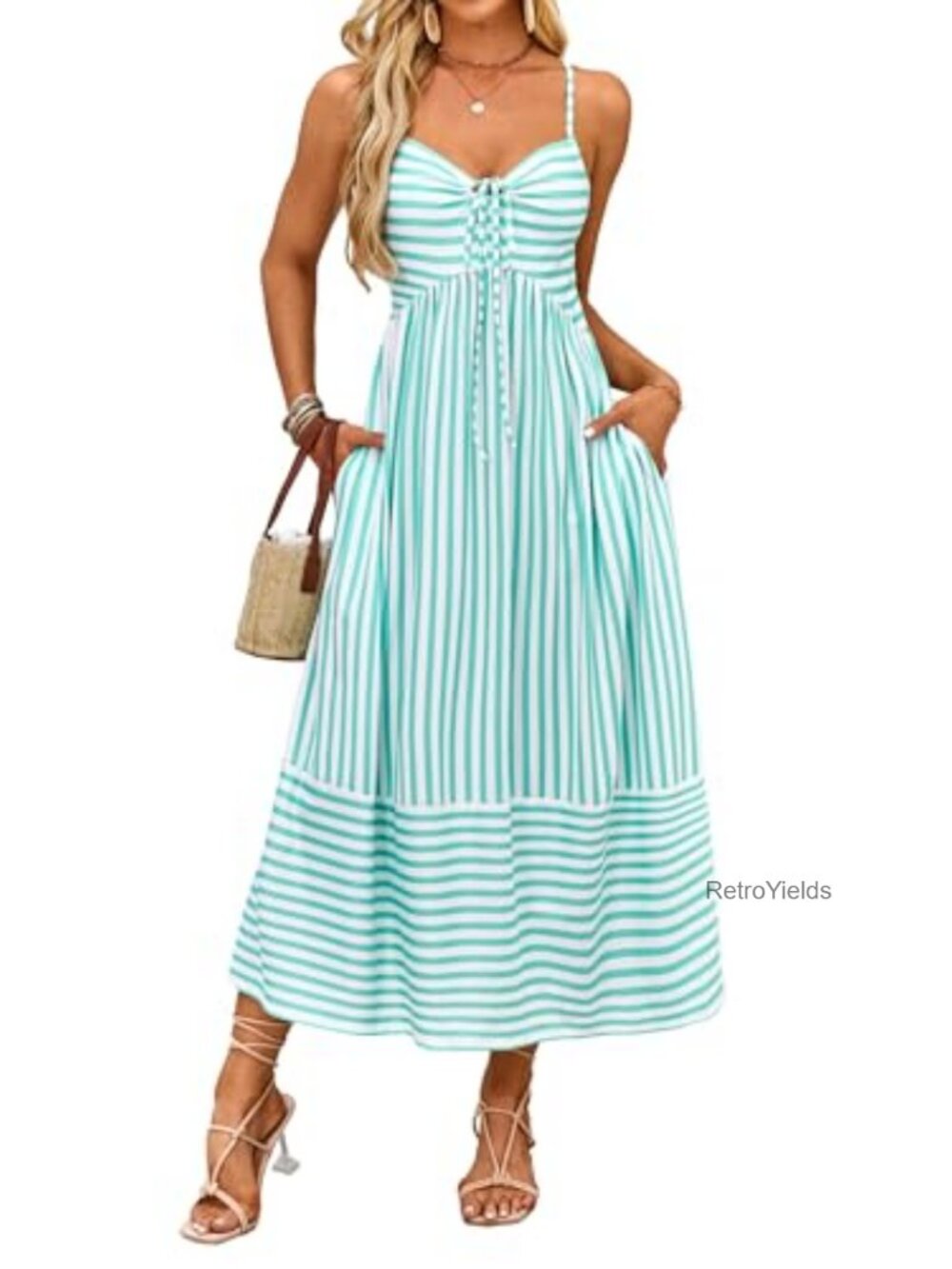 Women Boho Maxi Dress Striped Vacation Beach Pockets